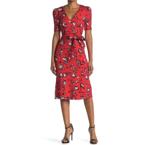 Veronica Beard Joia Red Multi Floral Print V-Neck Midi Dress Women's Size 2 - Picture 2 of 12